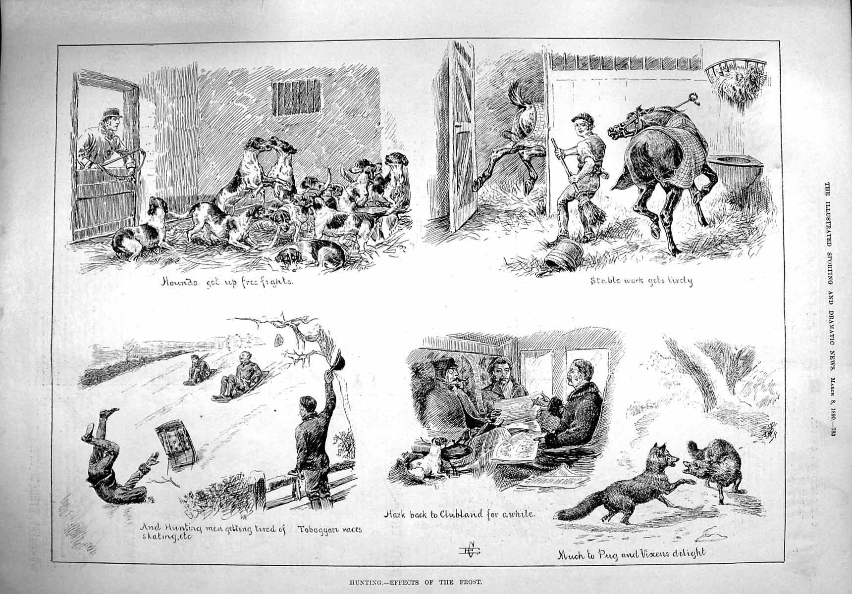 Original Old Antique Print 1890 Hunting Dogs Hounds Foxes Snow Sledge Sport