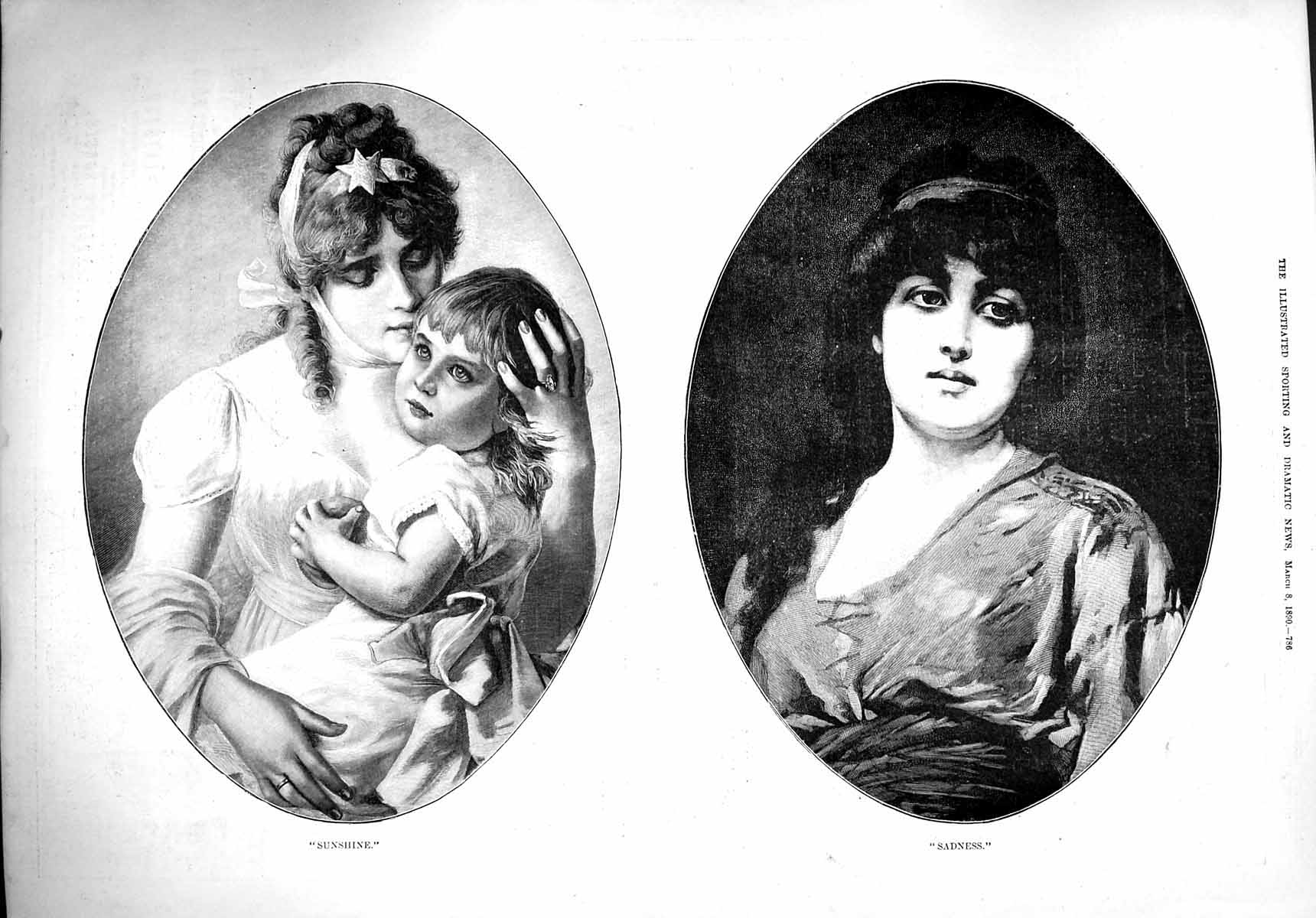 Original Old Antique Print 1890 Portrait Beautiful Woman Girl Sunshine Sadness