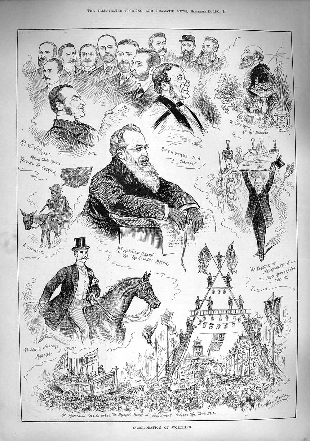 Original Old Antique Print 1890 Incorporation Worthing Green Williams Coombe