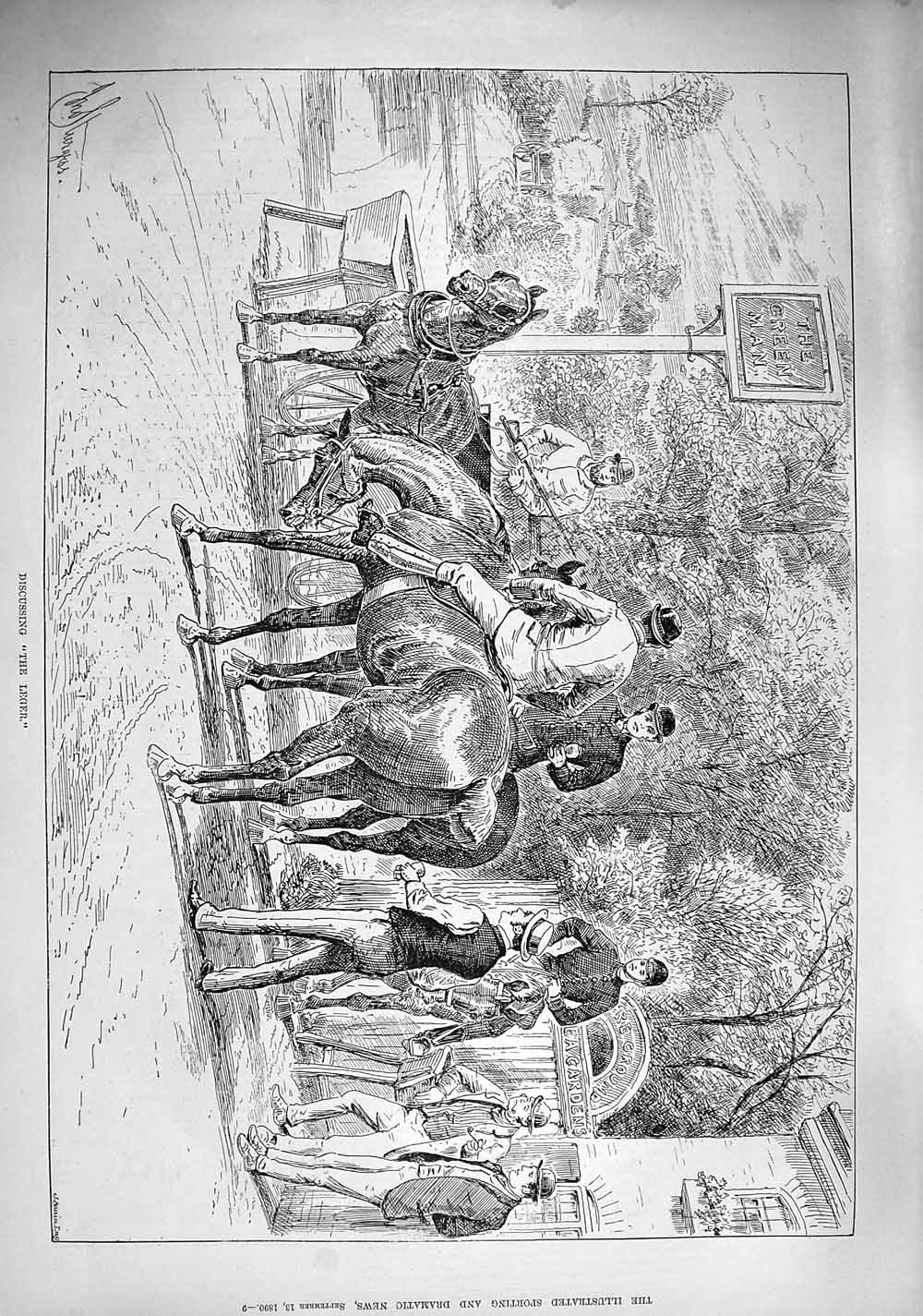 Original Old Antique Print 1890 Horses Men Policeman Discussing Leger Sport