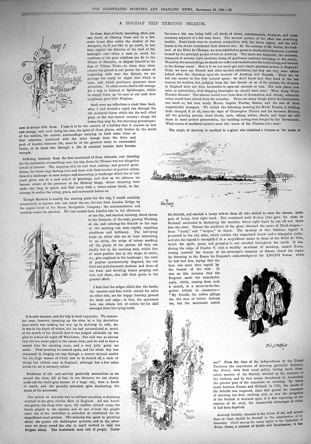 Original Old Antique Print 1890 Holiday Trip Belgium Antwerp Windmill People