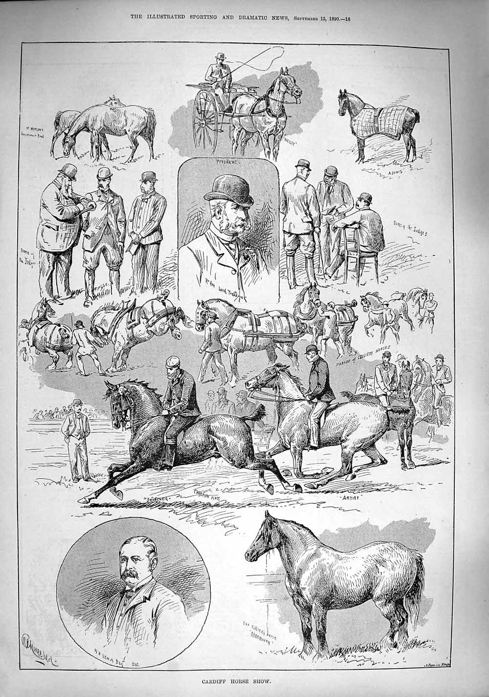 Original Old Antique Print 1890 Cardiff Horse Show Lewis Monmouth Judges 19th