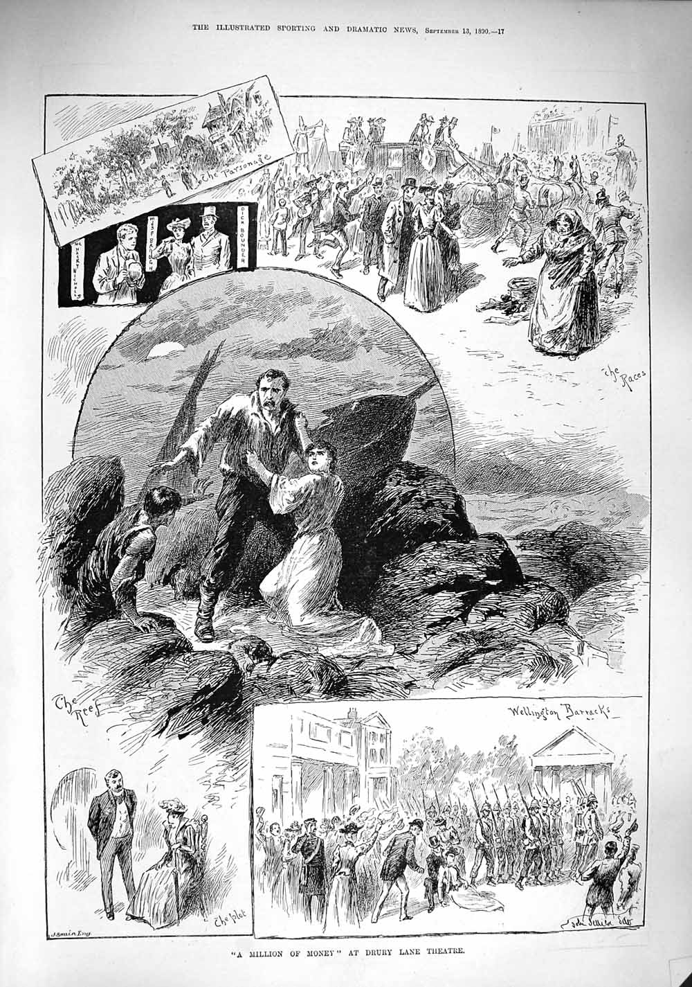 Original Old Antique Print 1890 Drury Lane Theatre Million Money Wellington