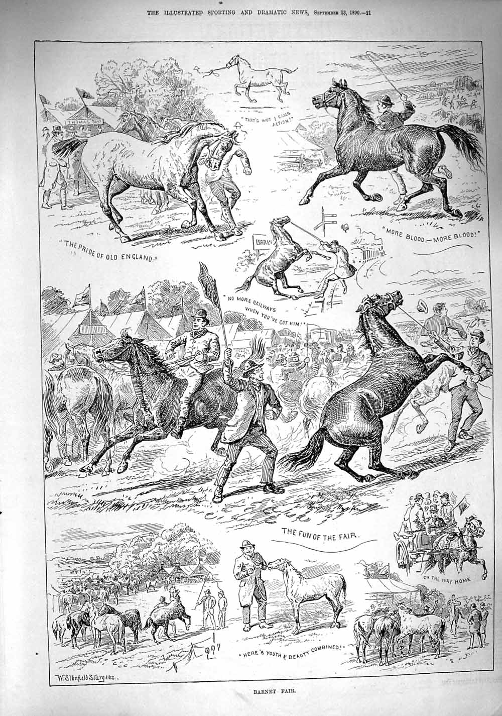 Original Old Antique Print 1890 Barnet Horse Fair Show Tents 19th