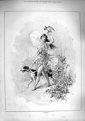 Original Old Antique Print 1890 Autumn Scene Beautiful Lady Hound Dog Bird Prey
