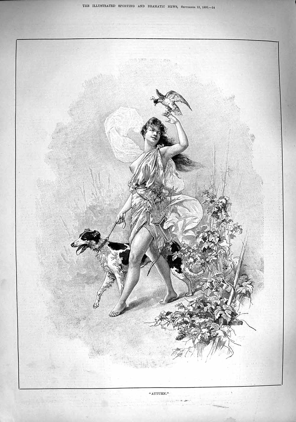 Original Old Antique Print 1890 Autumn Scene Beautiful Lady Hound Dog Bird Prey