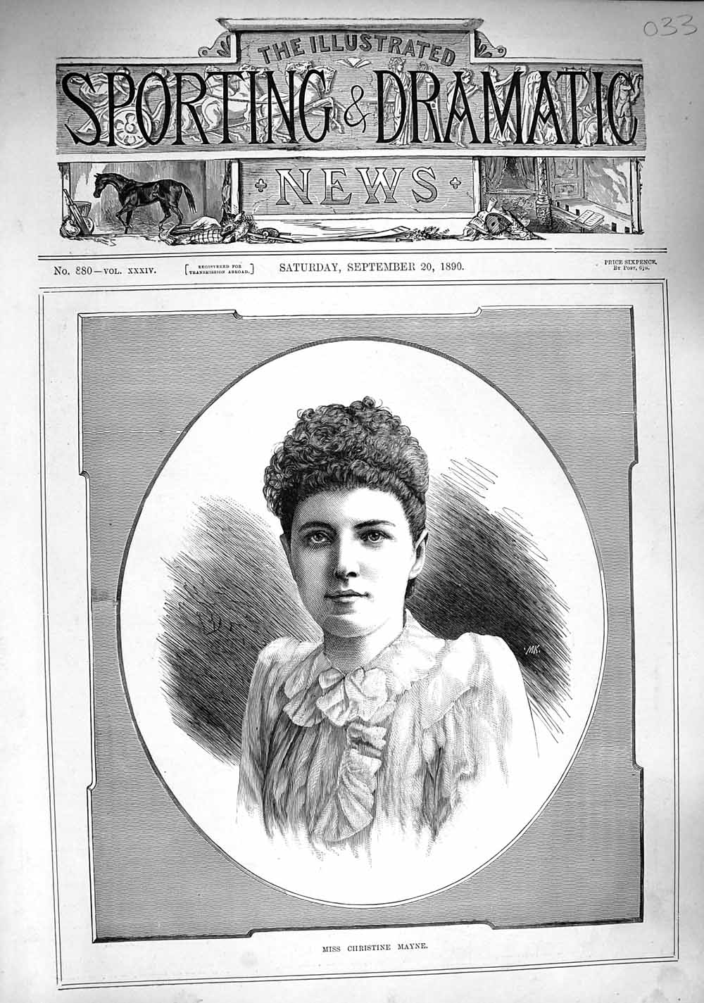 Original Old Antique Print 1890 Portrait Miss Christine Mayne Lady Woman 19th