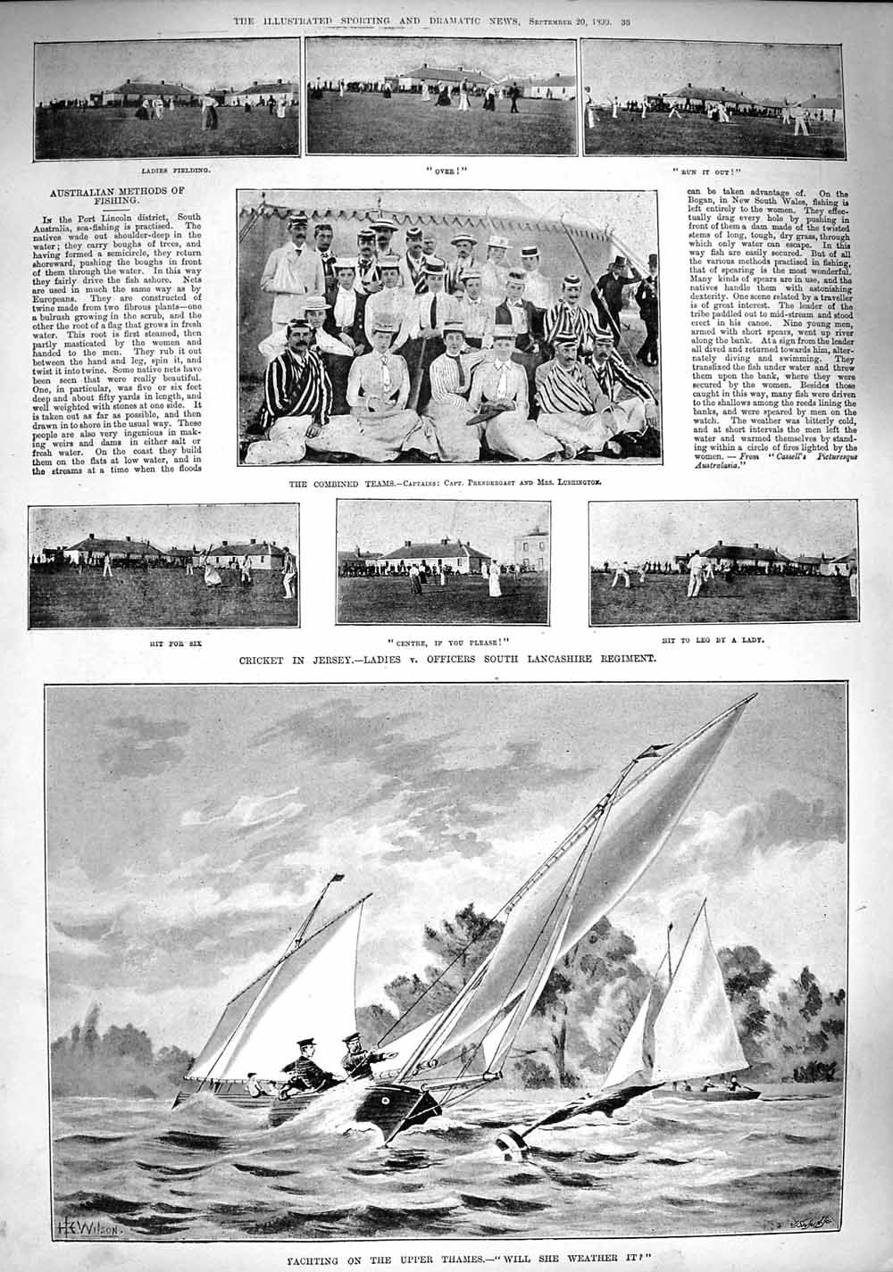 Original Old Antique Print 1890 Yachting River Thames Cricket Ladies Lancashire
