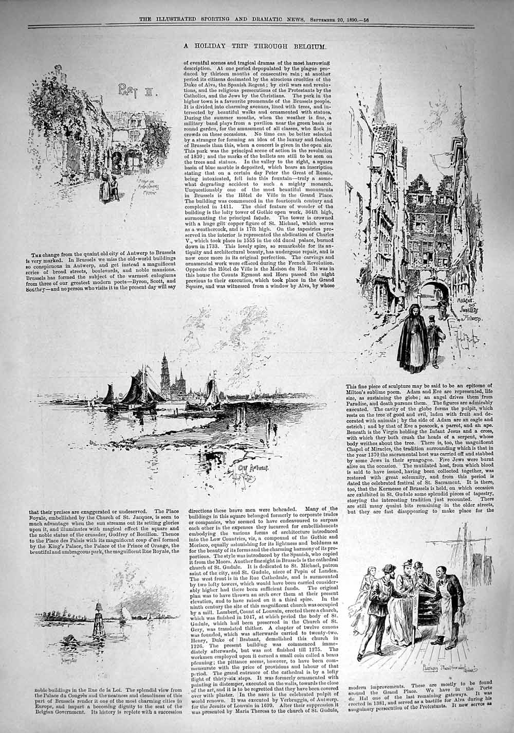 Original Old Antique Print 1890 Holiday Trip Belgium Antwerp Architecture 19th