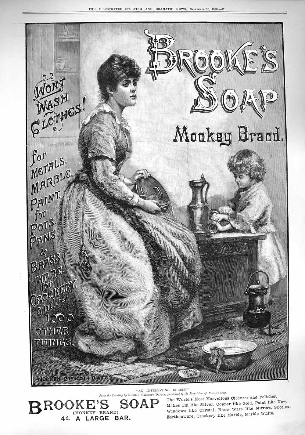 Antique Old Print *135 1890 Advertisement Brookes Monkey Brand Soap Washing