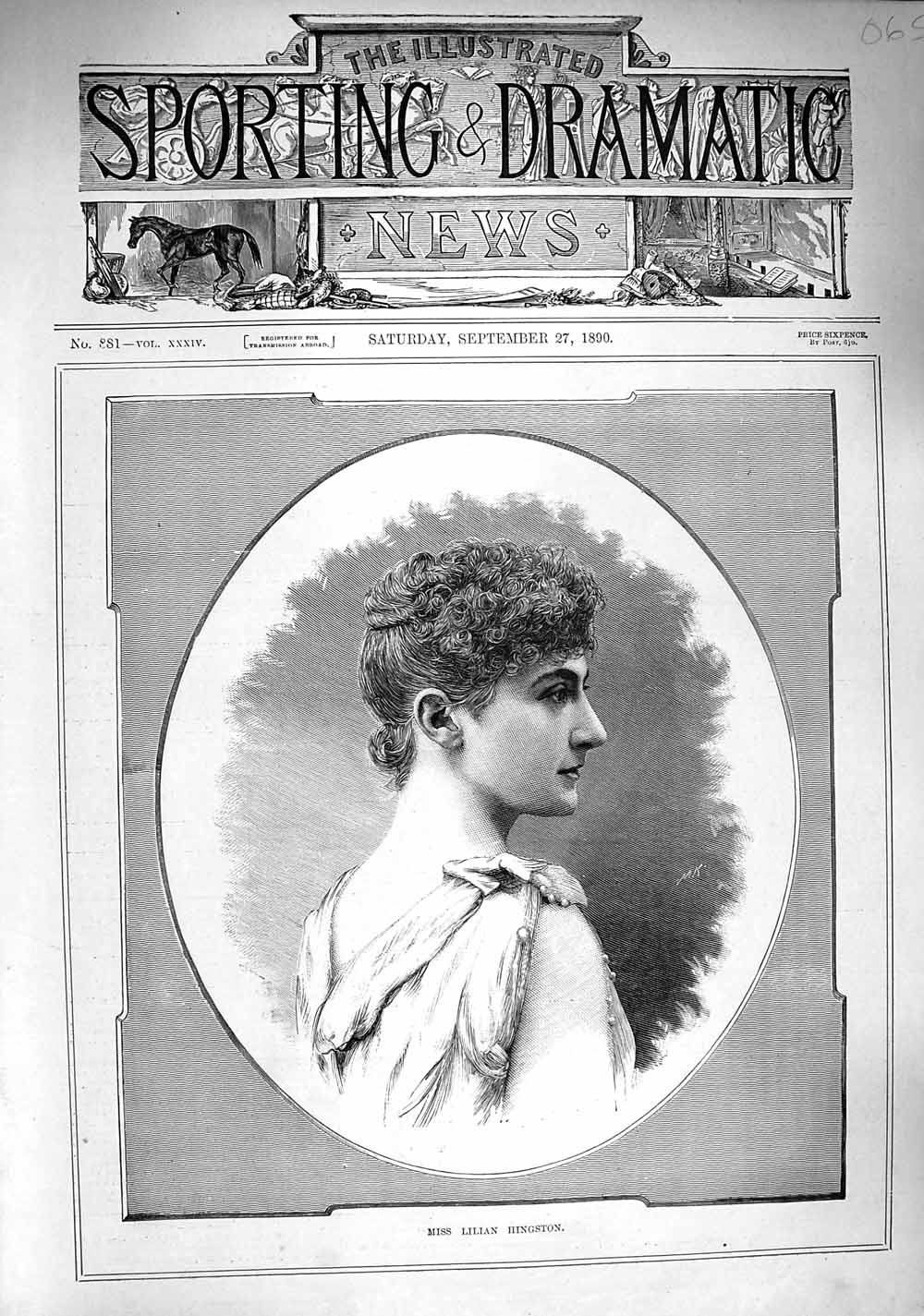 Original Old Antique Print 1890 Portrait Miss Lillian Hingston Lady Woman 19th