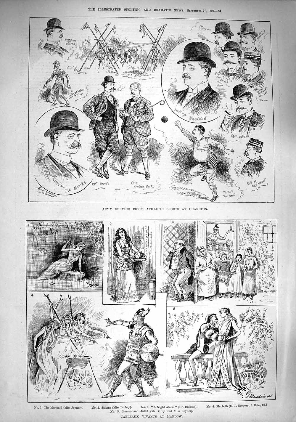 Original Old Antique Print 1890 Army Athletics Charlton Tableaux Vivants Marlow