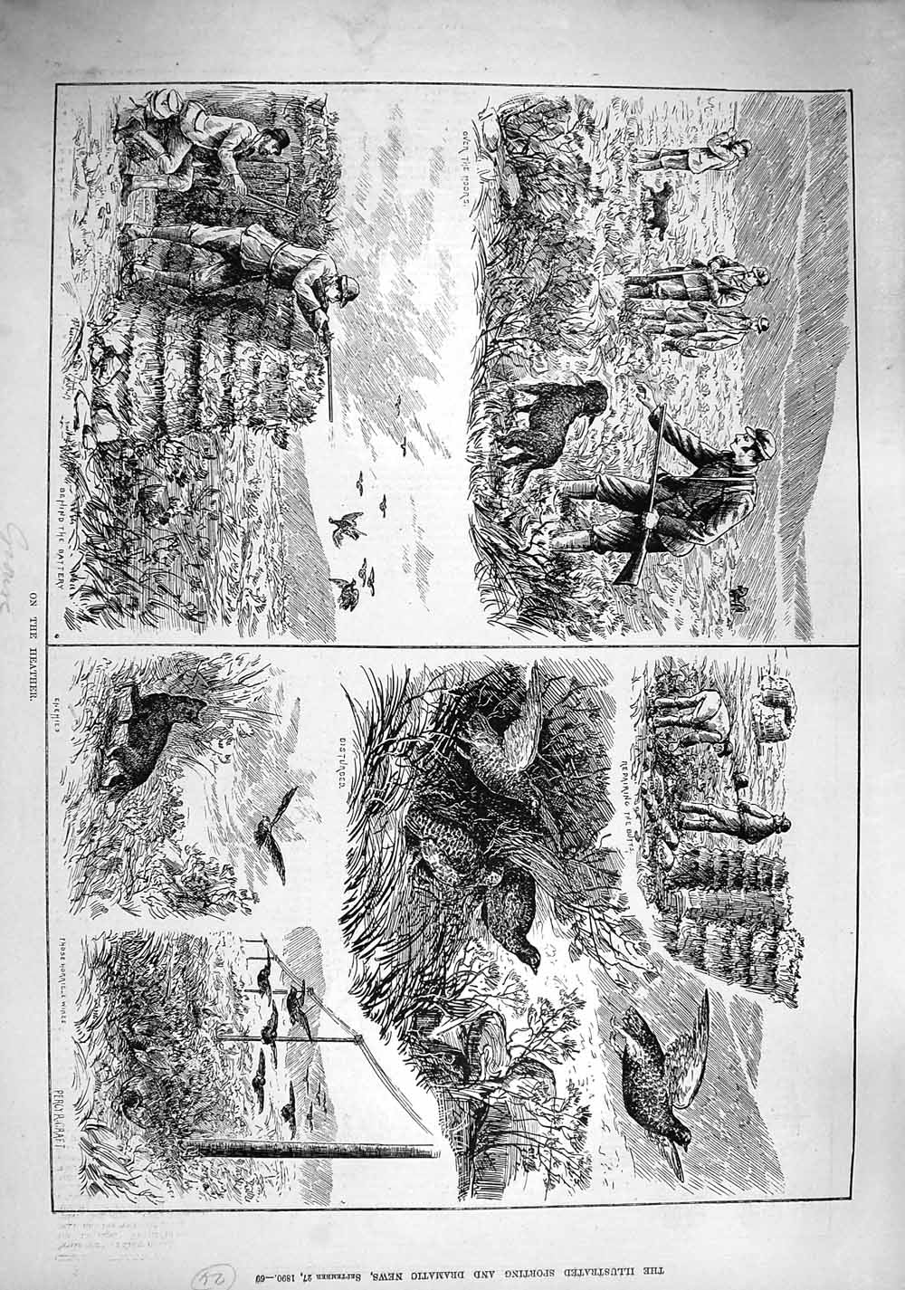 Original Old Antique Print 1890 Grouse Shooting Hunting Sport Heather Country