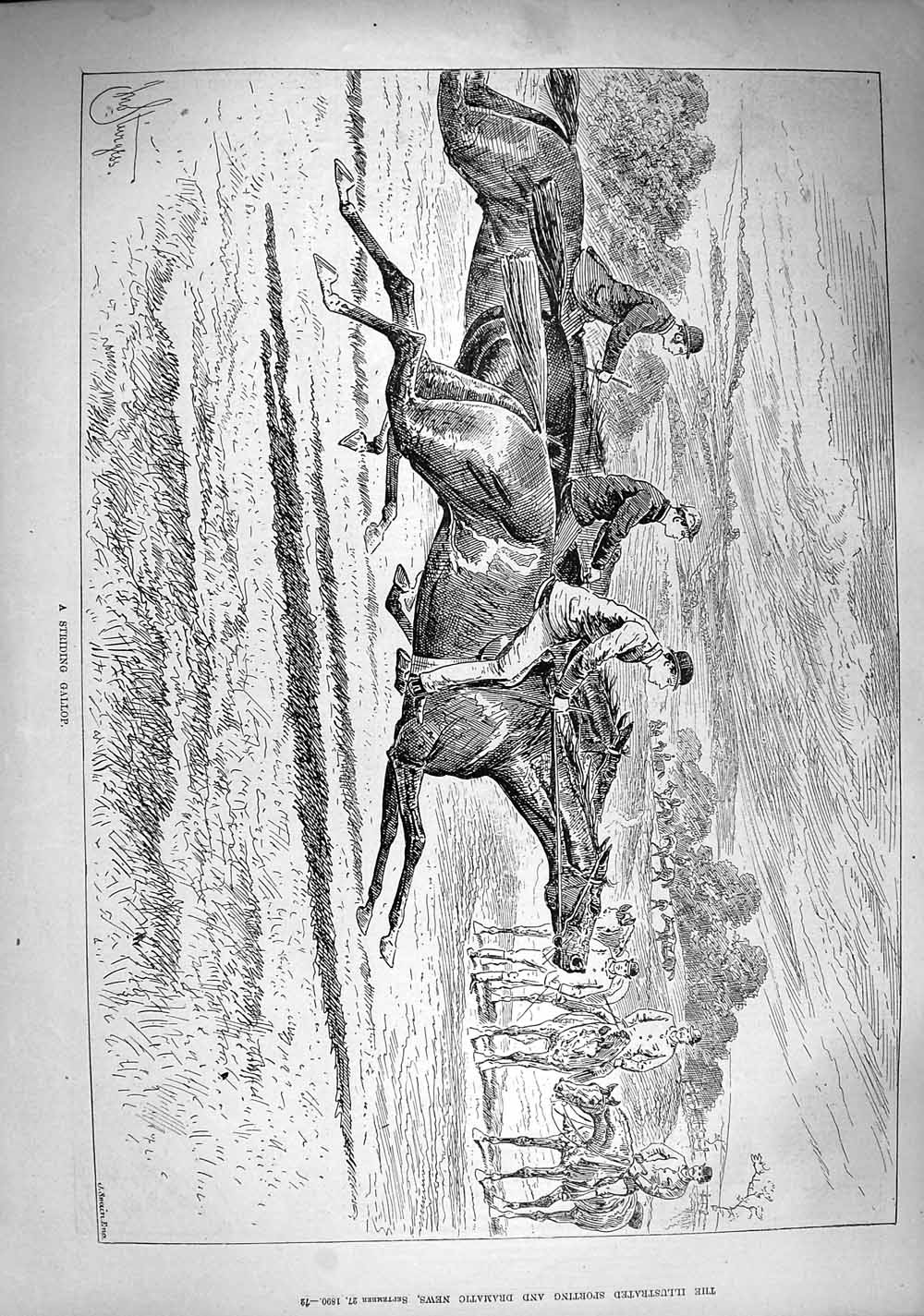 Original Old Antique Print 1890 Striding Gallop Huntsment Horses Sport Country