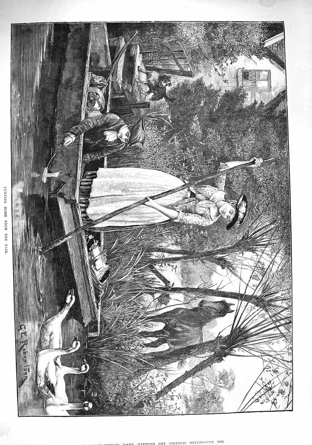 Original Old Antique Print 1890 Punting Home Fair Mother Son River Boat Geese