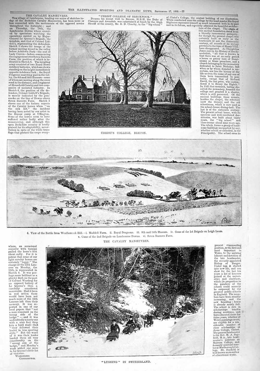 Old Antique Print 1890 Christ College Brecon Lugeing Switzerland Cavalry 19th