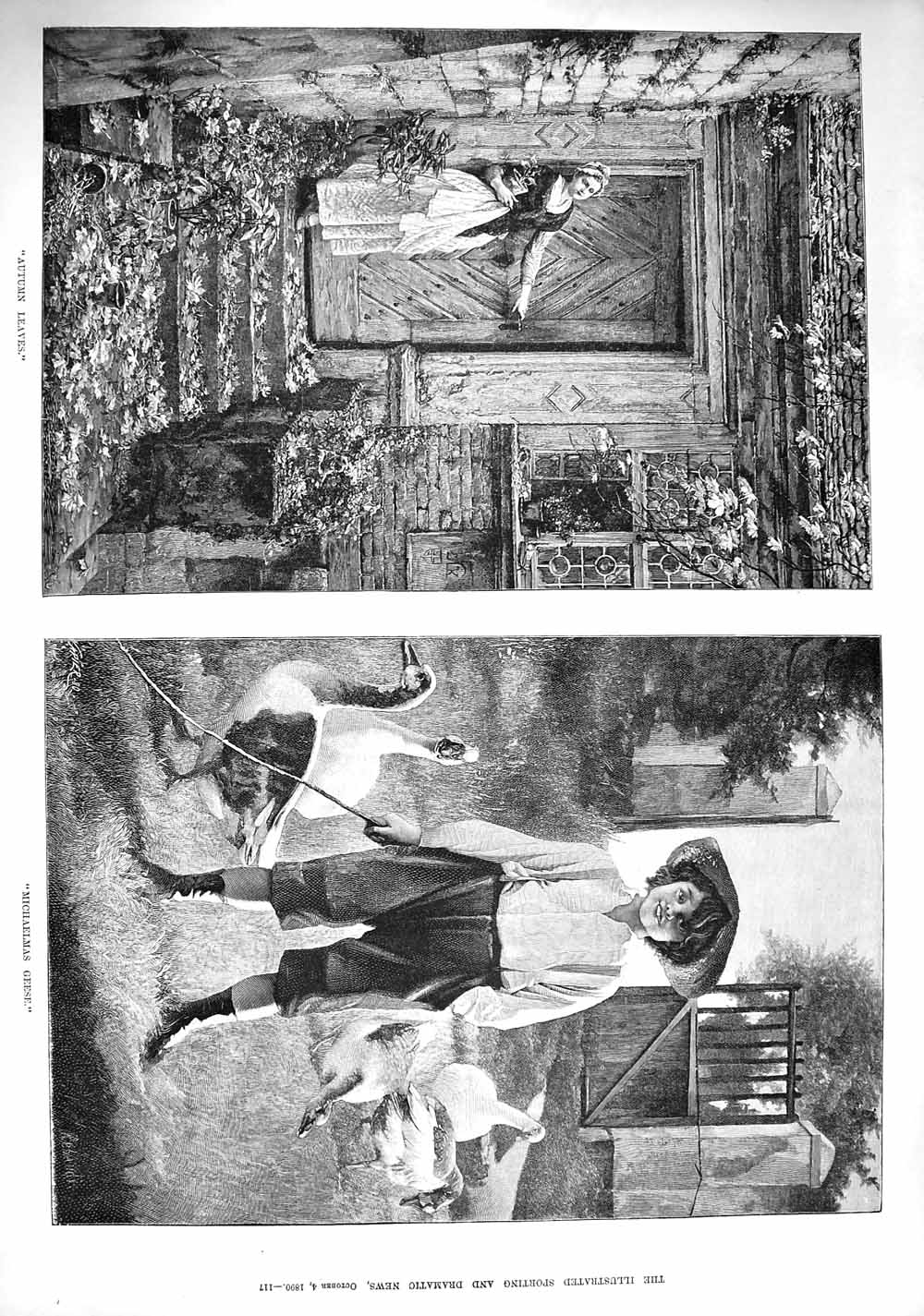 Original Old Antique Print 1890 Autumn Leaves Door Step Michaelmas Geese Boy