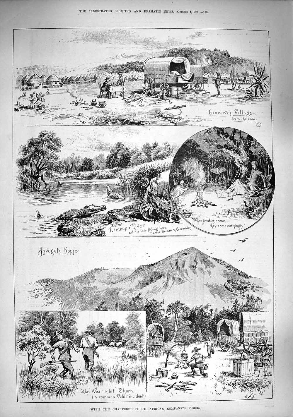 Original Old Antique Print 1890 Africa Limpopo River Crocodile Asvogels Kopje