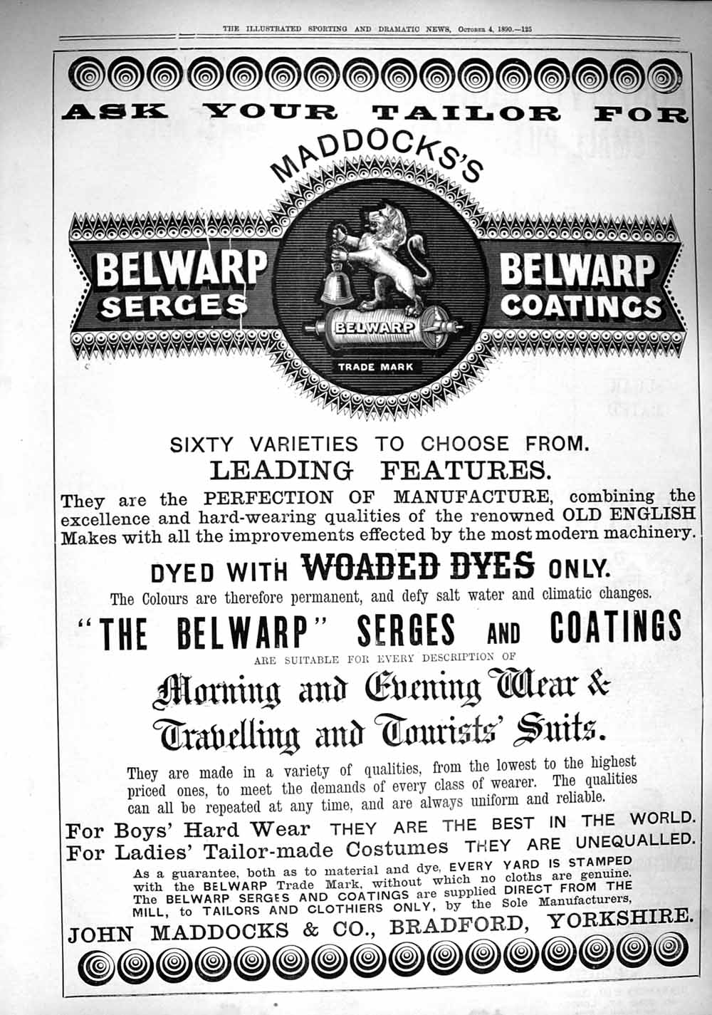 Original Old Antique Print 1890 Advertisement John Maddocks Belwarp Serges Dyes