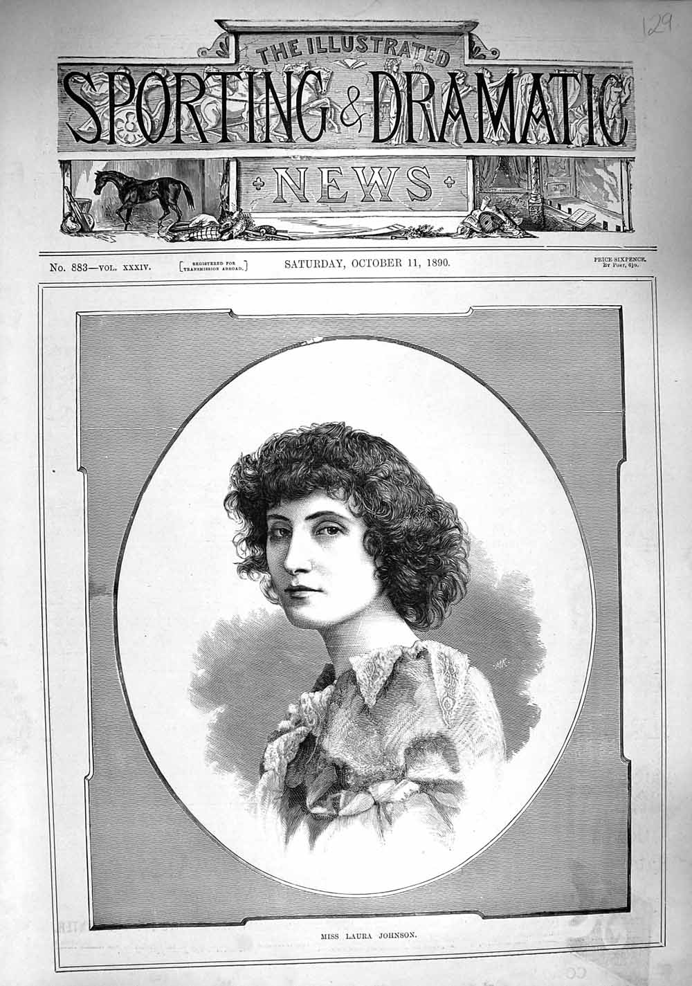 Original Old Antique Print 1890 Portrait Miss Laura Johnson Lady Woman 19th