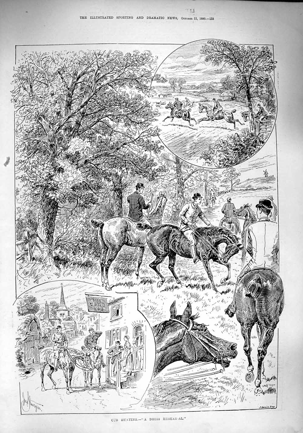 Original Old Antique Print 1890 Fox Cub Hunting Sport Horses Sport Huntsmen