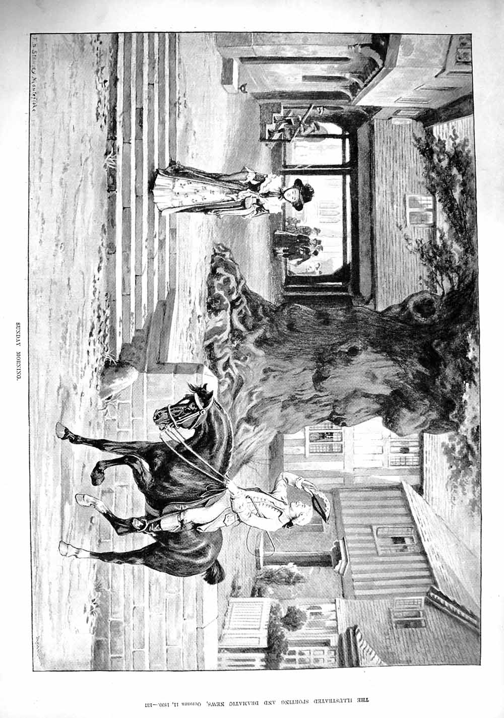 Original Old Antique Print 1890 Sunday Morning Scene Church Man Horse Lady 19th
