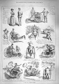 Original Old Antique Print 1890 Trip Tricycle Chair Transport Comedy Scene 19th