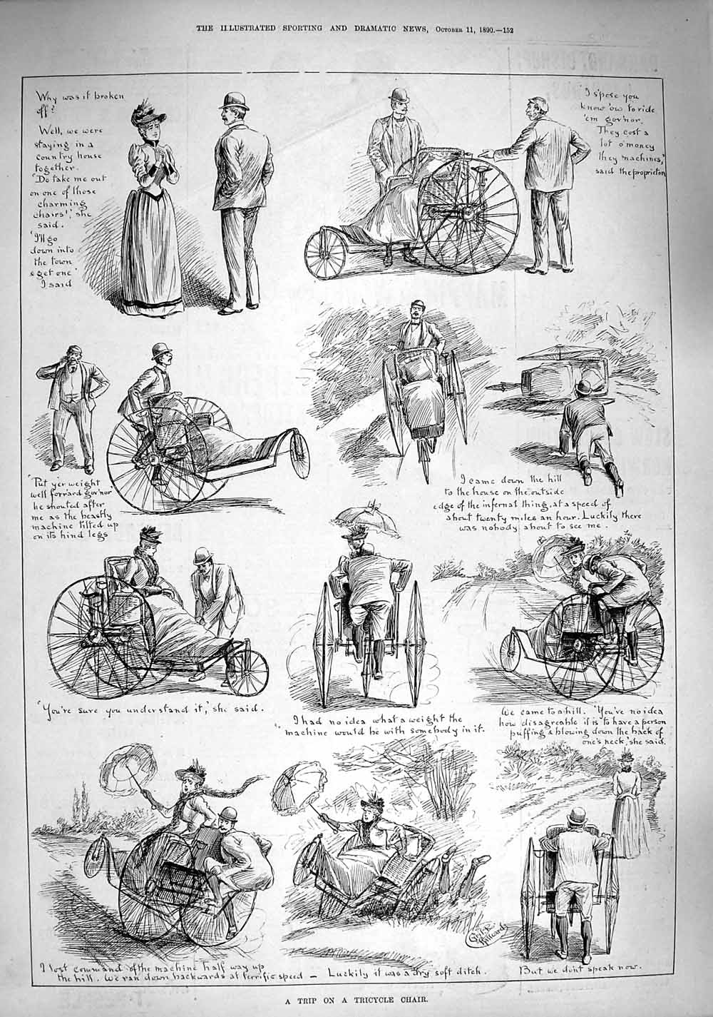 Original Old Antique Print 1890 Trip Tricycle Chair Transport Comedy Scene 19th