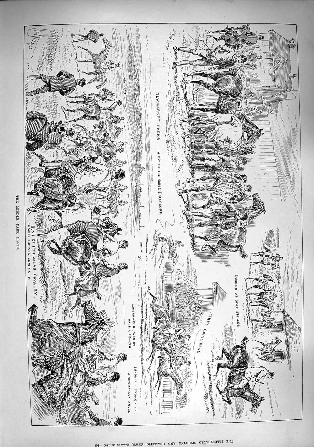 Original Old Antique Print 1890 Middle Park Plate Newmarket Hacks Horses Sport