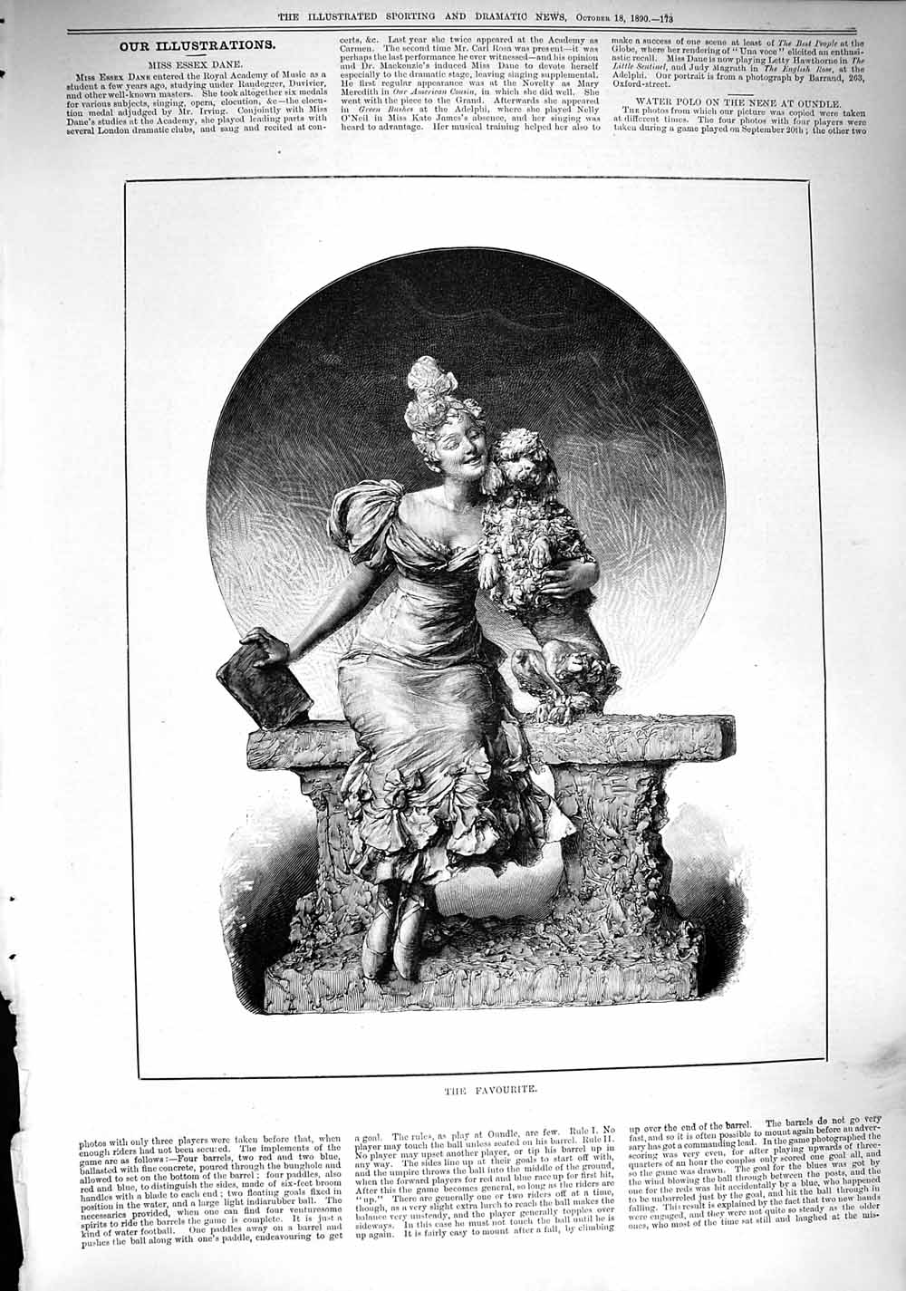 Original Old Antique Print 1890 Favourite Sculpture Woman Dog 19th