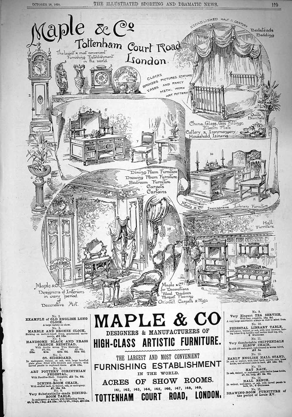 Original Old Antique Print 1890 Maple Furniture Tottenham Court Road London
