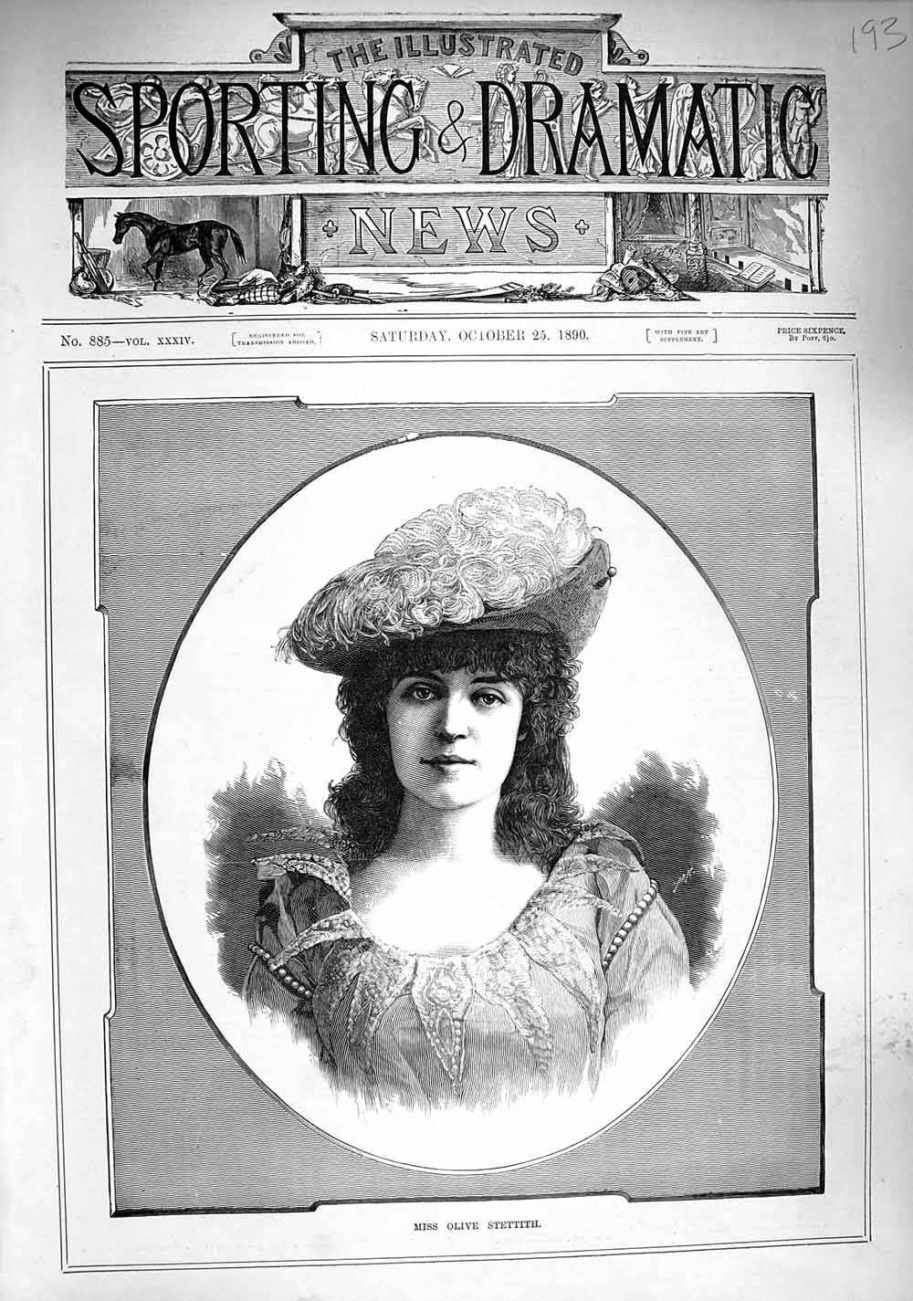 Original Old Antique Print 1890 Portrait Miss Olive Stettith Lady Woman 19th