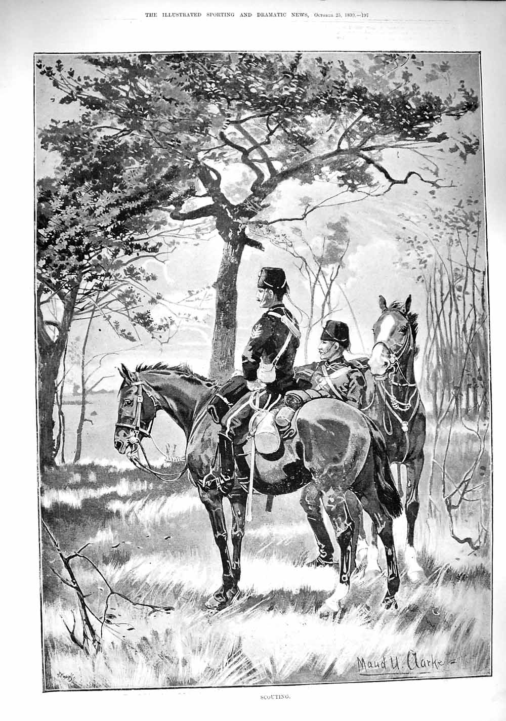 Original Old Antique Print 1890 Scouting Siers War Horses 19th