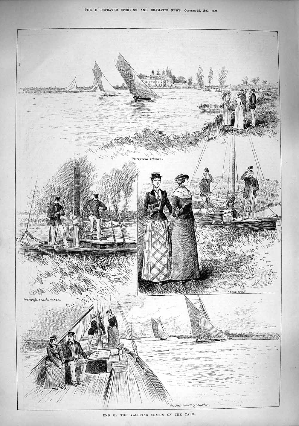 Original Old Antique Print 1890 Yachting Season Yare Fishing Red House Cantley