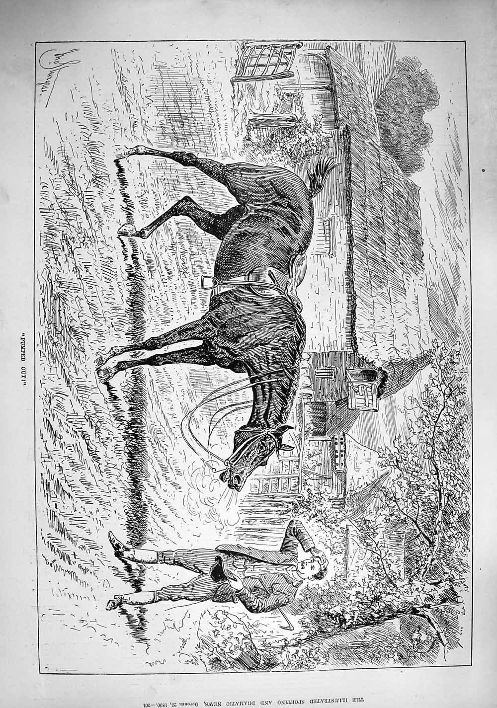 Original Old Antique Print 1890 Pumped Out Huntsman Horse Countryside Scene