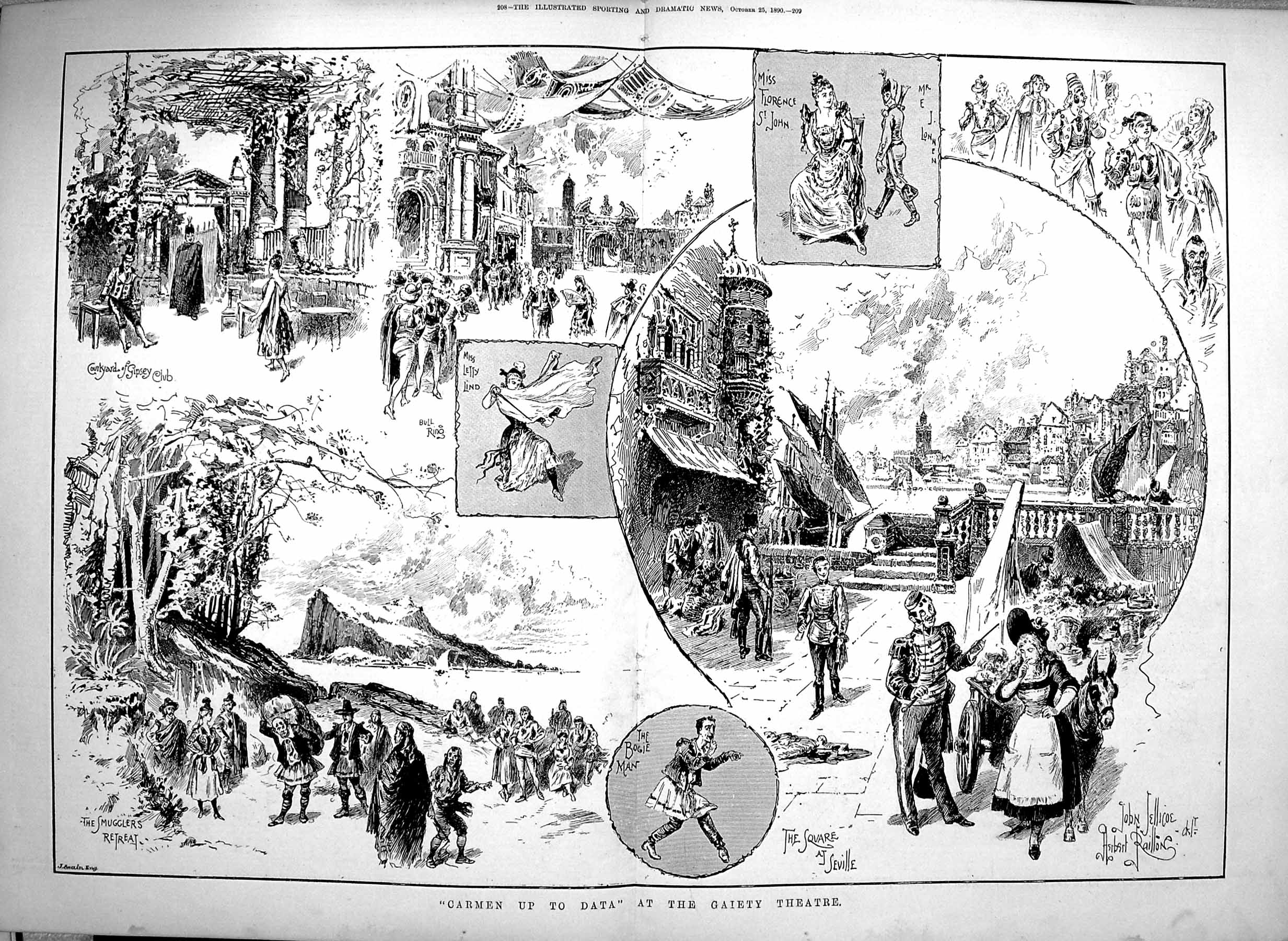 Old Antique Print 1890 Carmen Data Gaiety Theatre Scene Square Seville 19th