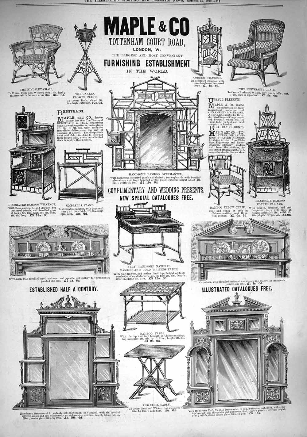 Original Old Antique Print 1890 Advertisement Maple Furniture Tottenham Court