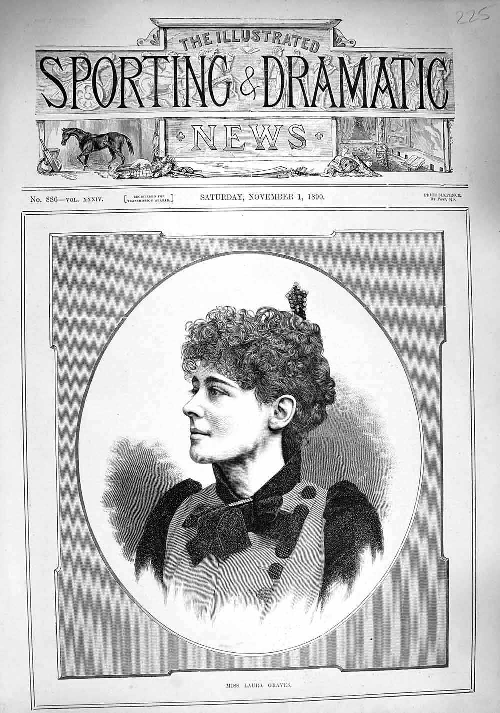 Original Old Antique Print 1890 Portrait Miss Laura Graves Lady Woman Victorian