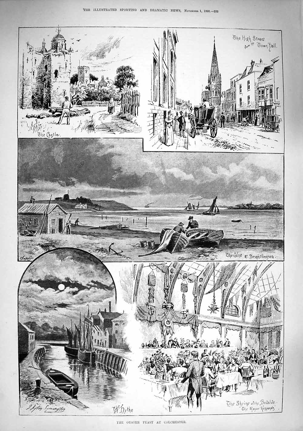 Original Old Antique Print 1890 Oyster Feast Colchester Castle Shrine Bivalve
