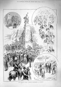 Original Old Antique Print 1890 National Armada Memorial Plymouth Guildhall