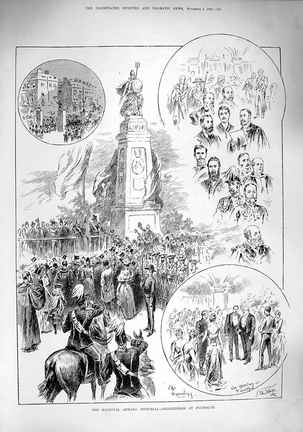 Original Old Antique Print 1890 National Armada Memorial Plymouth Guildhall