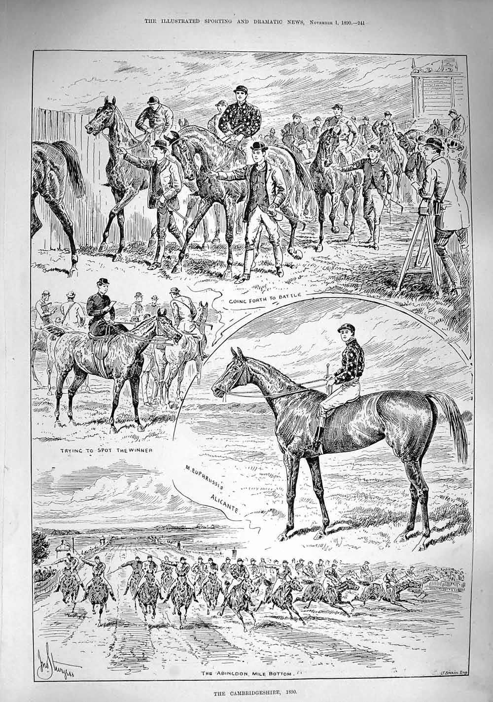 Original Old Antique Print 1890 Cambridgeshire Horse Racing Euphrussis Abingdon