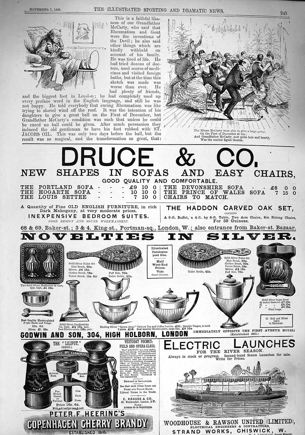 Original Old Antique Print 1890 Druce Sofas Easy Chair Copenhagen Cherry Brandy