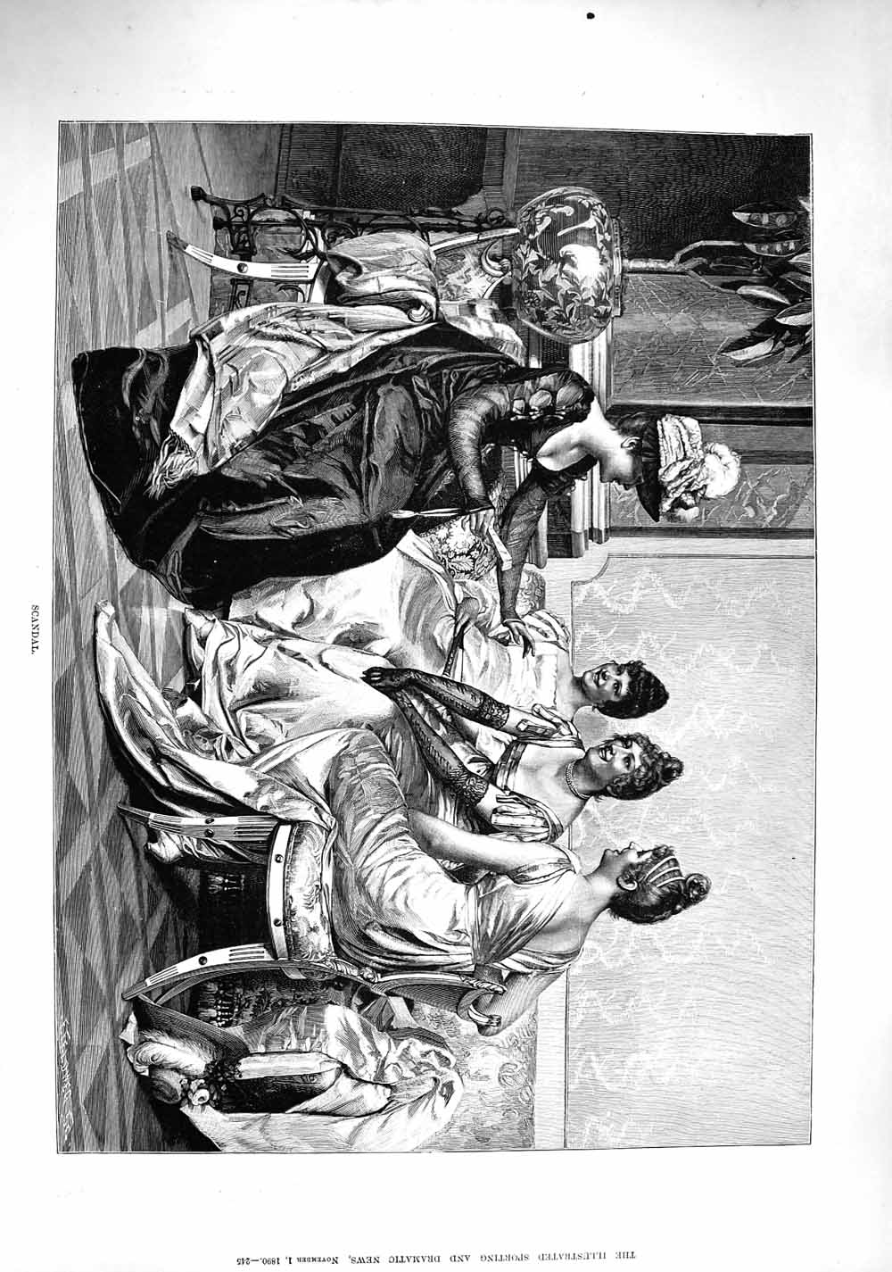 Original Old Antique Print 1890 Fine Art Ladies Dresses Scandal Tea-Time 19th