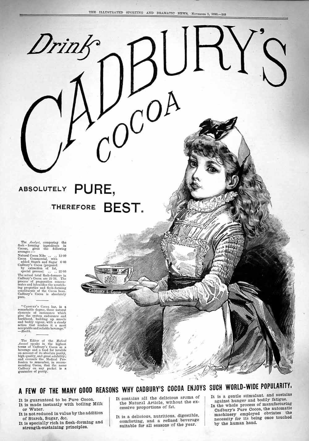 Antique Old Print *3295 1890 Advertisement Cadbury'S Cocoa Drinking Chocolate