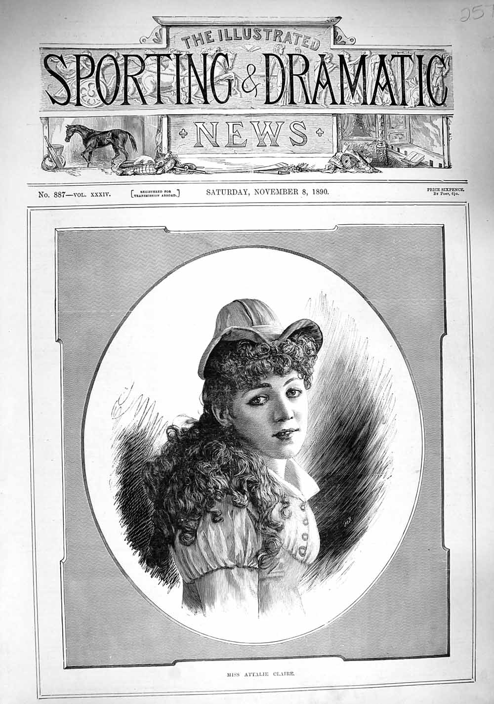 Original Old Antique Print 1890 Portrait Miss Attalie Claire Lady Woman 19th