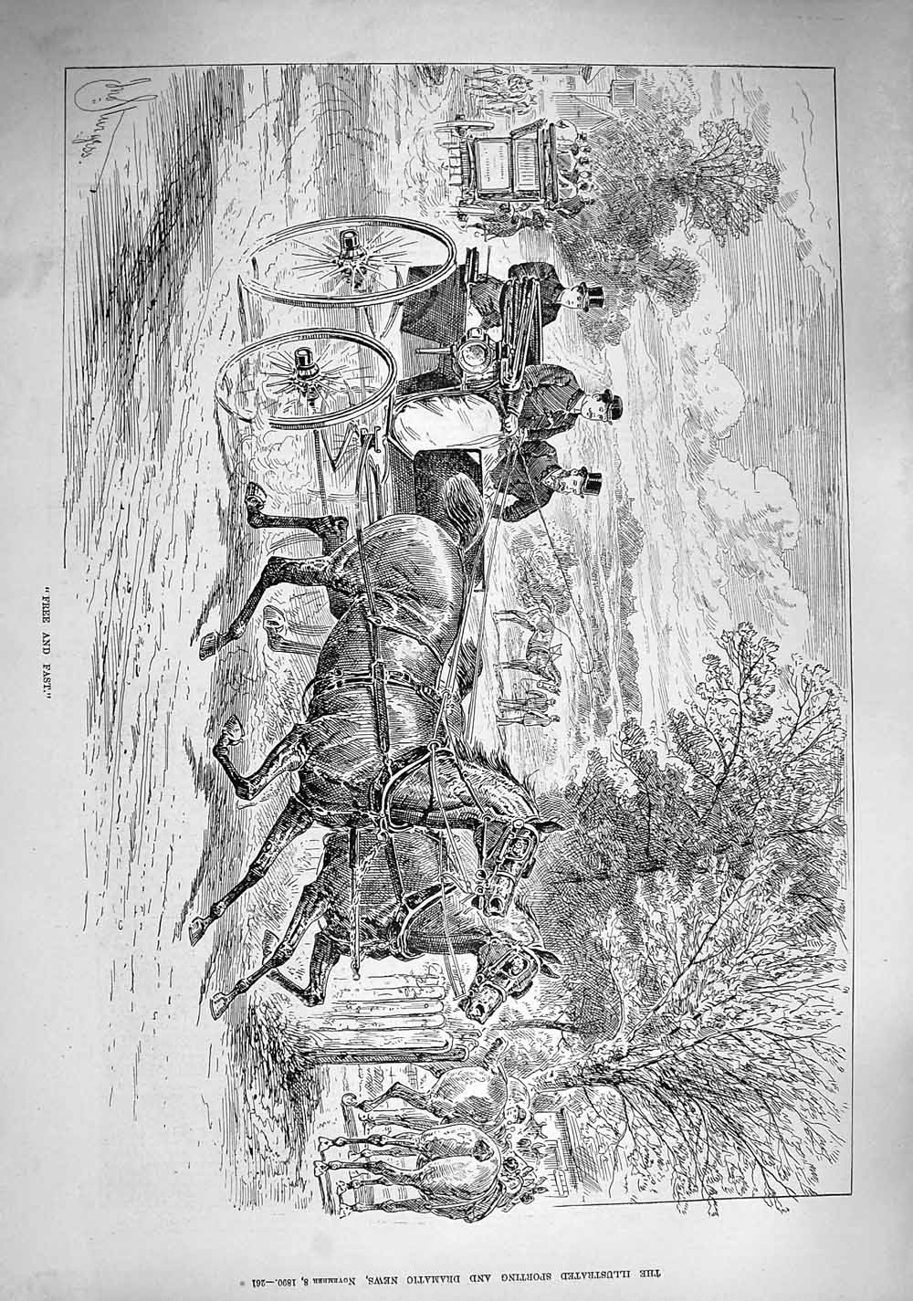 Original Old Antique Print 1890 Horses Carriage Countryside Scene Victorian
