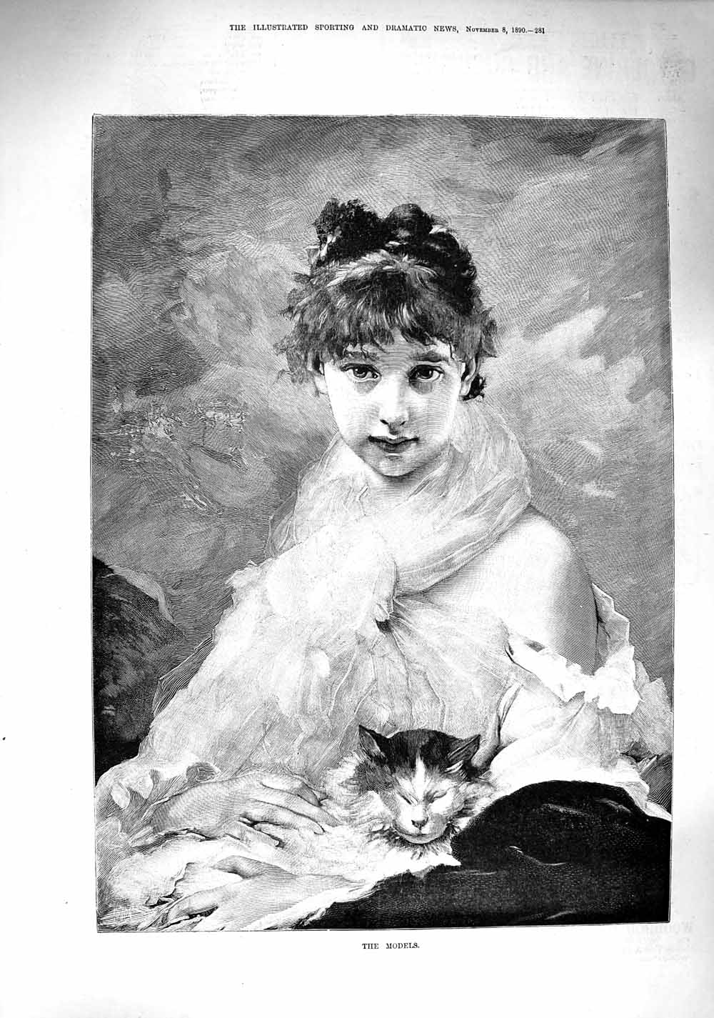Original Old Antique Print 1890 Portrait Beuatiful Girl Pet Cat Fine Art 19th