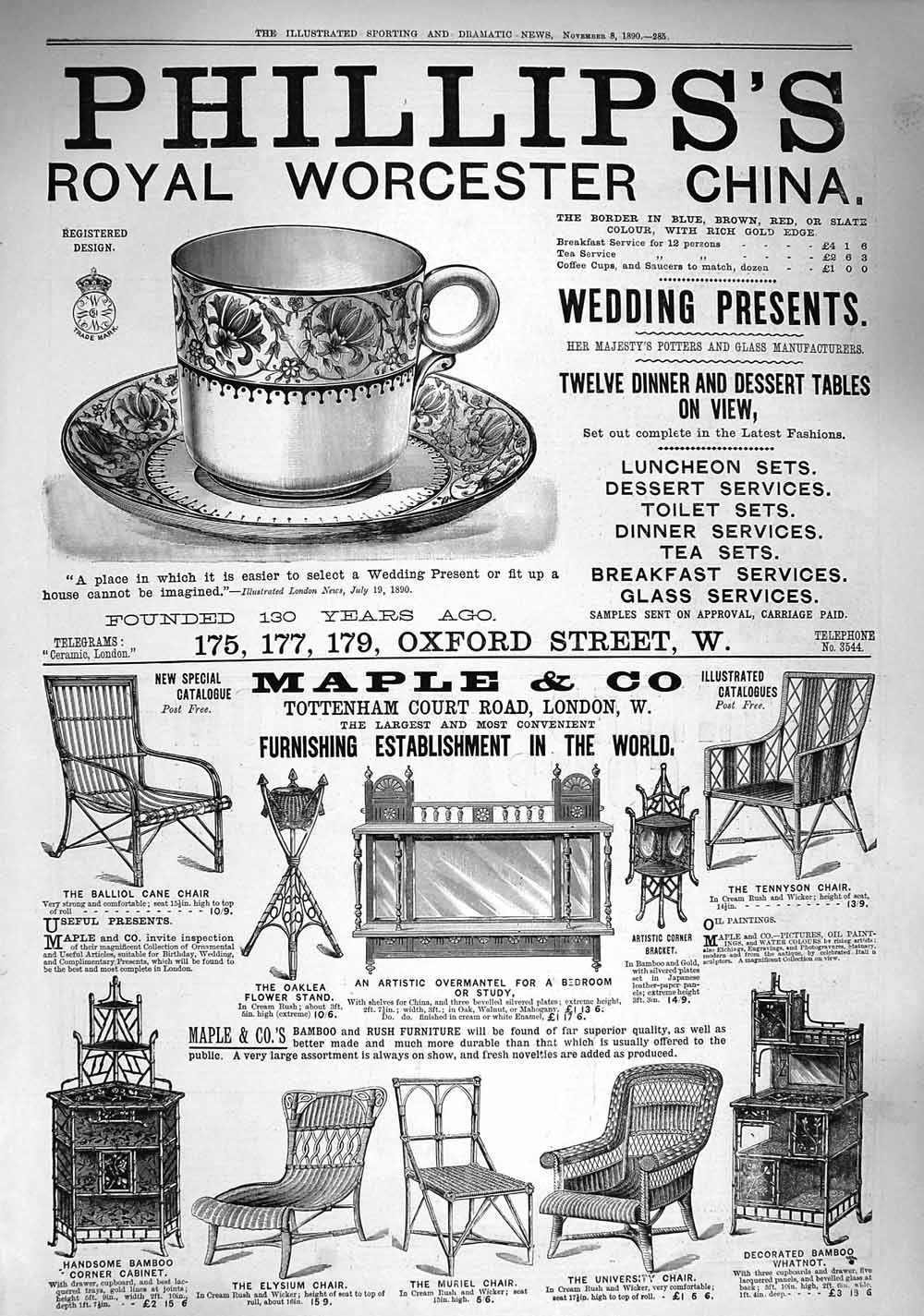 Old Antique Print 1890 Phillips'S Royal Worcester China Maple Furniture 19th