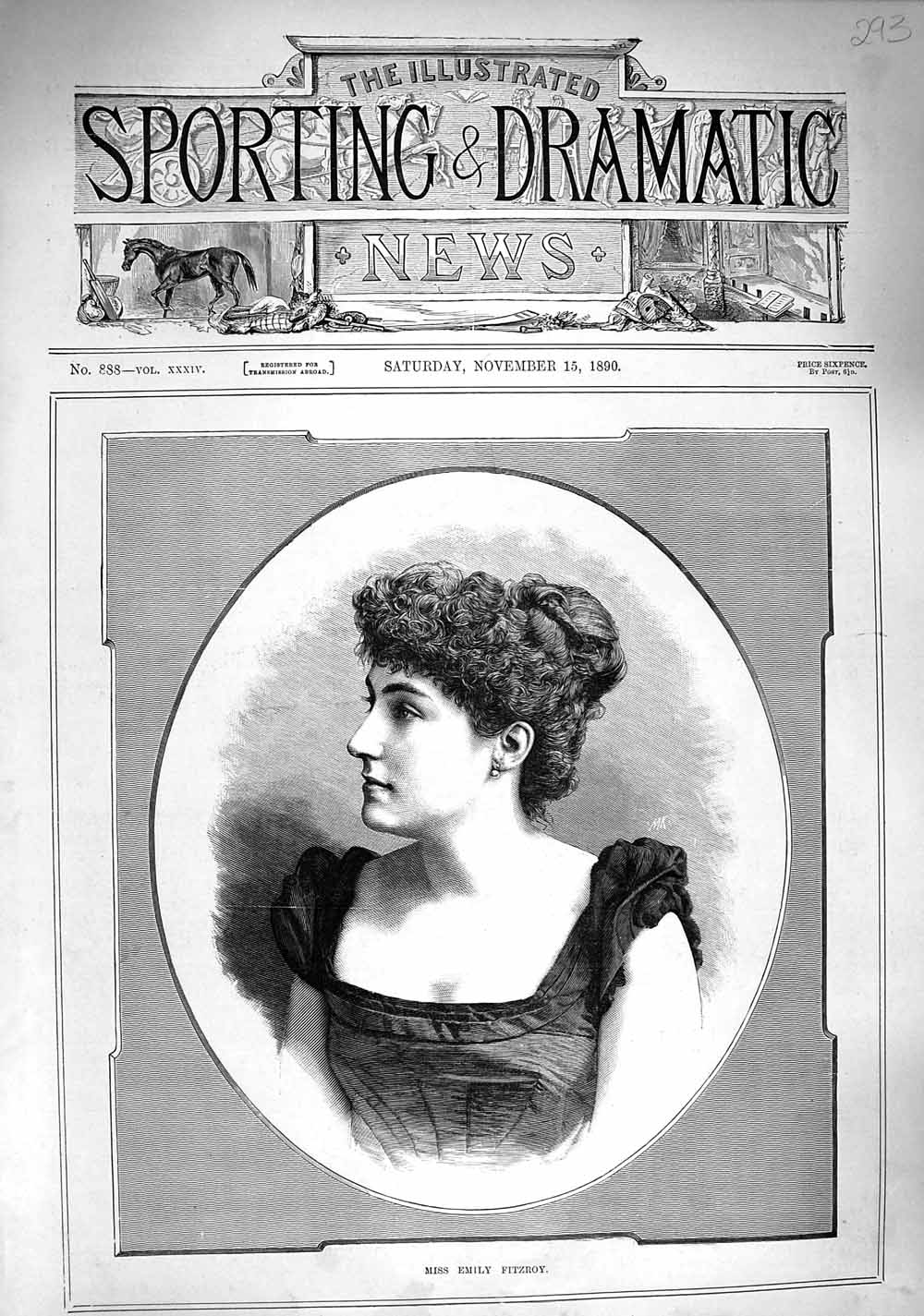 Original Old Antique Print 1890 Portrait Miss Emily Fitzroy Beautiful Lady 19th